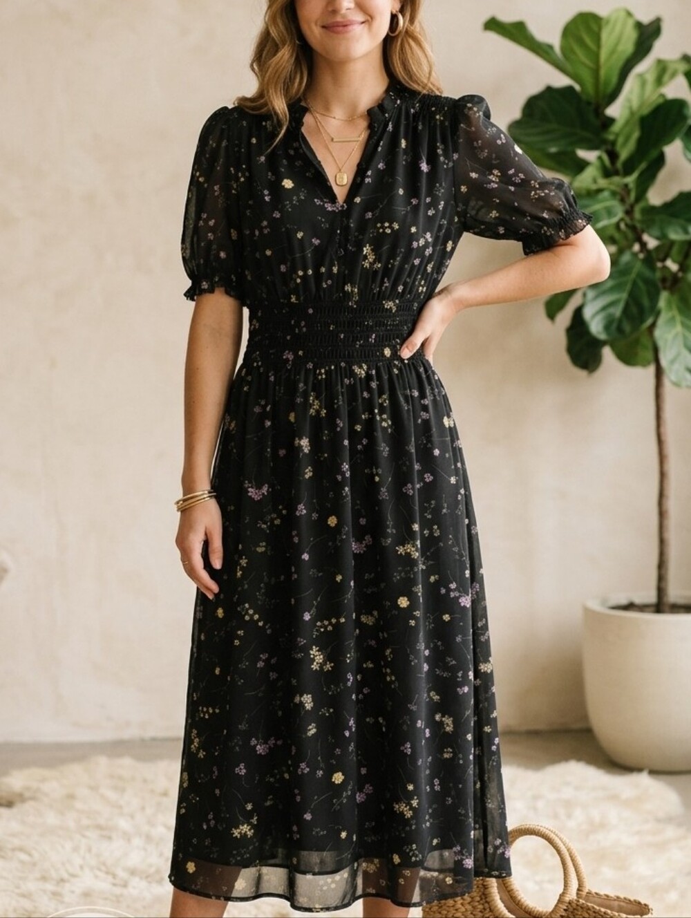 Wilfred Aritzia Daughter Dress Black Floral Midi Puff Sleeve XS